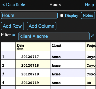 Filtered Data Table info view